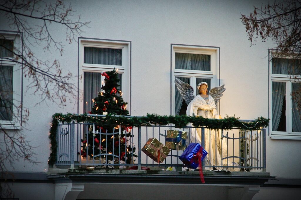 christmas, balcony, angel, gifts, decoration, figure, deco, light